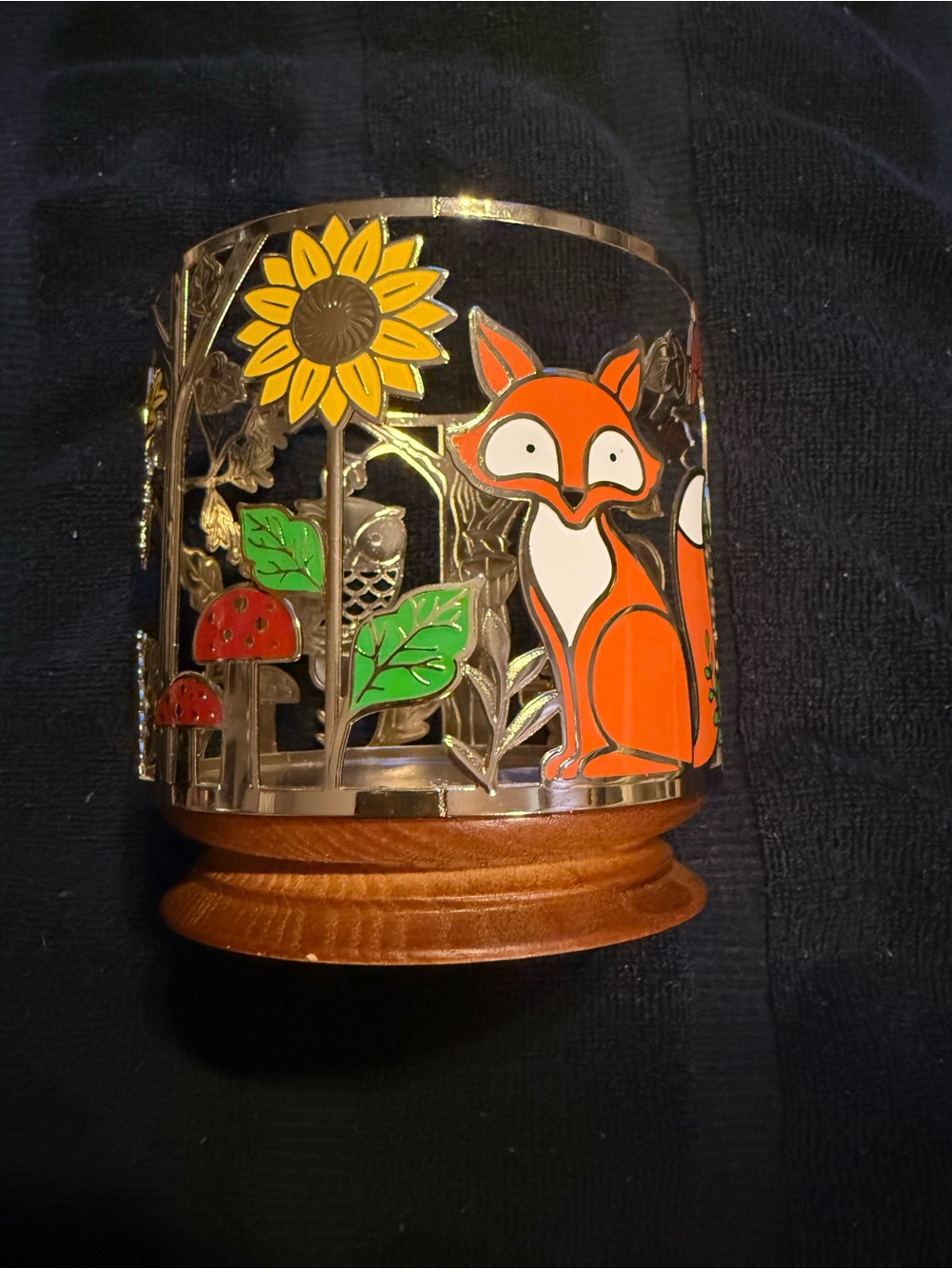 Whimsical Orange Fox Candle Holder with Sunflower Design